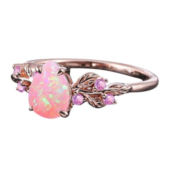 2 Pieces Pear Cut Ethiopian Pink Fire Opal Engagement Ring Set 14K Gold plated - Picture 5 of 6